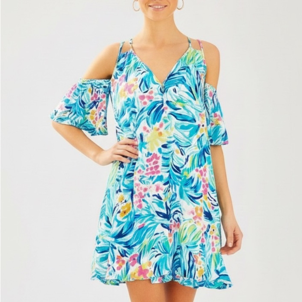 Lilly Pulitzer Bellamie Cold Shoulder Serene Blue Tippy Top Swing Dress XS RARE